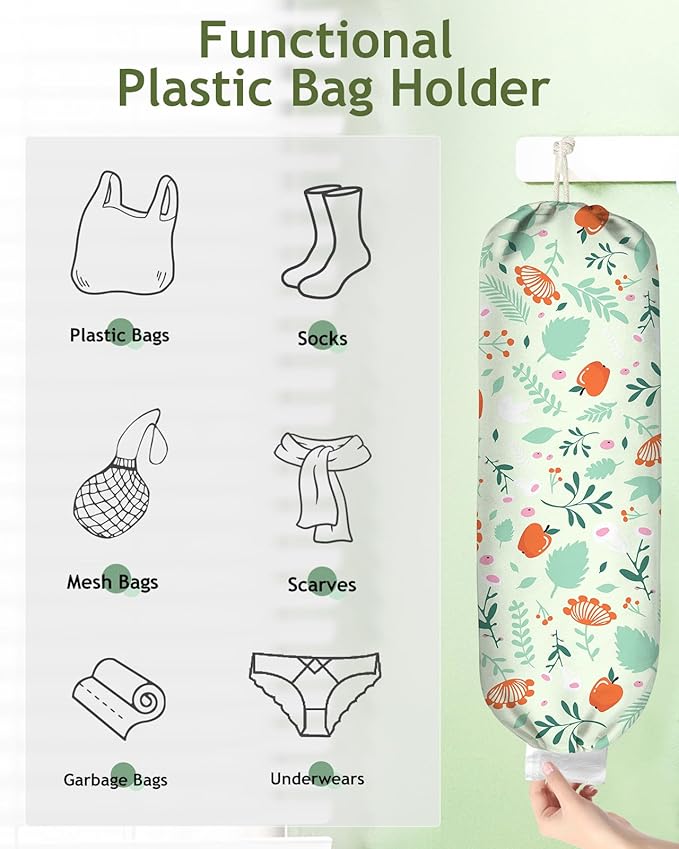 Plastic Bag Holder, Grocery Bag Organizer - 1 Pack Cute Kitchen Dispenser Holders Reusable Shopping Western Hanging Wall with Adjustment Drawstring Closure for Women Home, Green