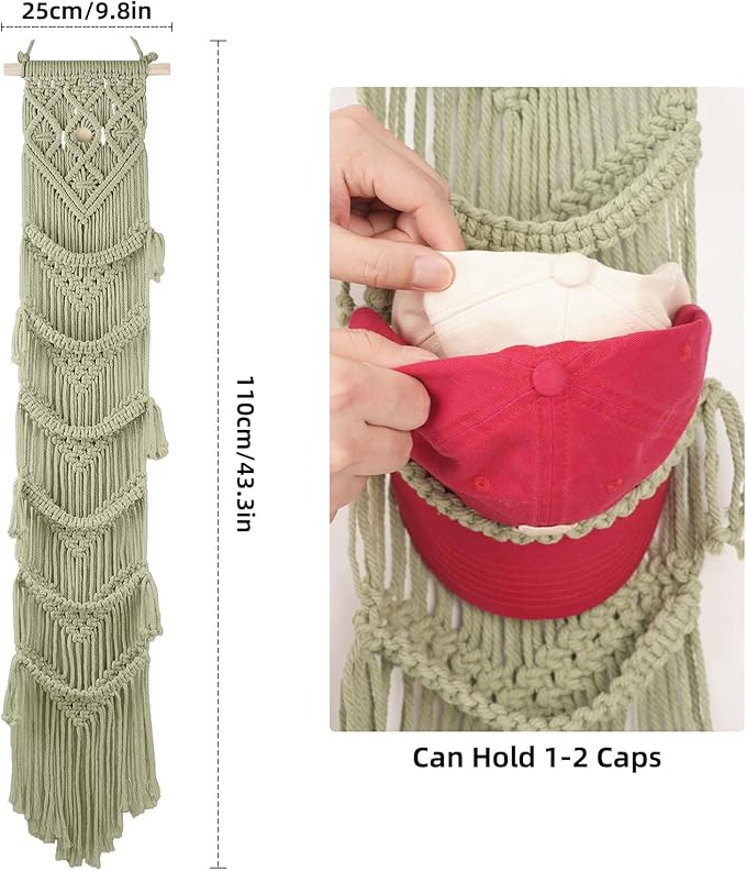 KaloKalo Macrame Cap Holder Boho Hat Hangers Over Door Ball Cap Rack Organizer Decorative Bohemian Handmade Woven Wall Hanging for Baseball Cap Display Decoration (Green, Up to 12 Caps)