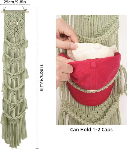 KaloKalo Macrame Cap Holder Boho Hat Hangers Over Door Ball Cap Rack Organizer Decorative Bohemian Handmade Woven Wall Hanging for Baseball Cap Display Decoration (Green, Up to 12 Caps)