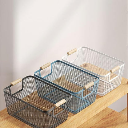 Metal Mesh Steel Basket, Small Wire Storage Organizer Baskets Multi-function Hanging Kitchen Basket with Wood Handle for Kitchen Bathroom Picnic Home, Rectangle-Blue