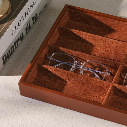 XHMQYC Glasses Holder Box Drawer Sunglass Organizer for Men Clear Wide Storage Case 8 Slots Multiple Reading Glasses Display, Brown Leather