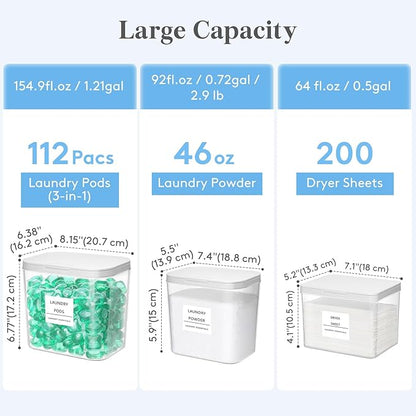 Lifewit Laundry Pods Container with Pop-up Lid, Detergent Dispenser, Dryer Sheet Holder, Laundry Room Organization Storage Jars for Washing Powder, Soap, Scent Booster Beads,0.5+0.72+1.2gal, 3 Pcs