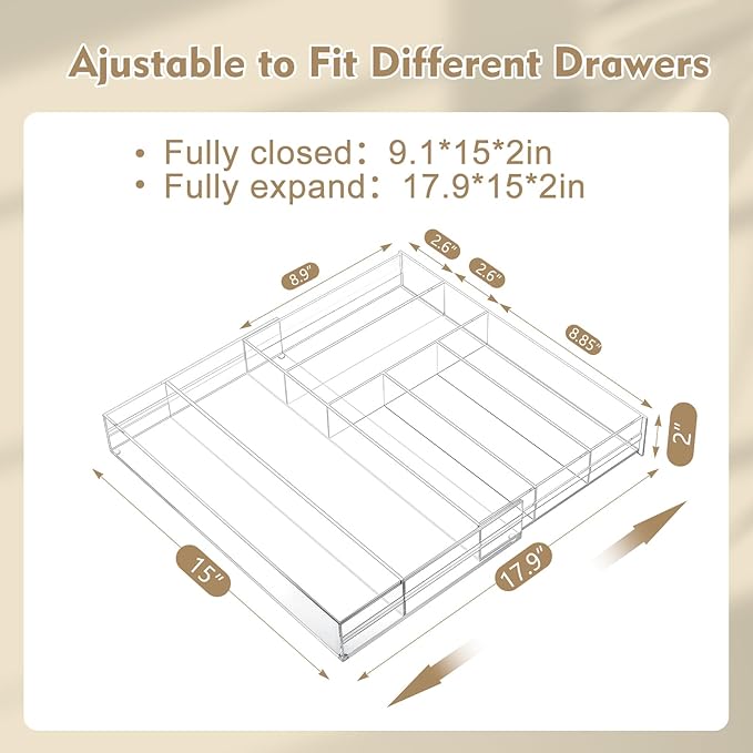 Briwooody 1 Pcs Acrylic Drawer Organizer 9'' up to 18'' x 15'' x 2'' Expandable Drawer Organizer Pens Notebook Ruler Makeup Tray with 7 Adjustable Compartments for Desk Office Kitchen Bathroom(Clear)