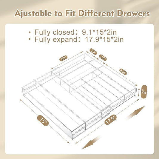 Briwooody 1 Pcs Acrylic Drawer Organizer 9'' up to 18'' x 15'' x 2'' Expandable Drawer Organizer Pens Notebook Ruler Makeup Tray with 7 Adjustable Compartments for Desk Office Kitchen Bathroom(Clear)