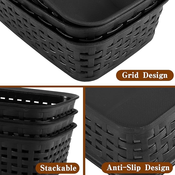3 Pack Plastic Storage Baskets for Cabinets,Small Plastic Basket,Organizer Bins Storage Baskets for Shelves,Room,Pantries,Countertops(Black)