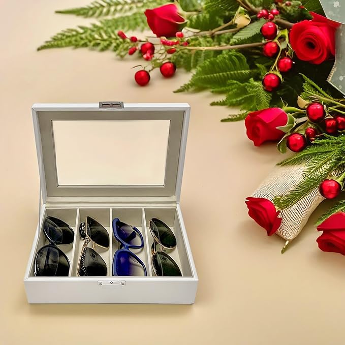 UnionPlus 4-Slots Sunglasses Case Organizer, Eyeglass Glasses Display Holder Collector, Multiple Sunglasses Storage Case, White
