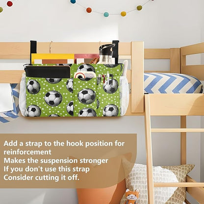 CuwrYet Bedside Caddy Hanging Bunk Bed Caddy Bed Organizer Hanging Pocket with 2 Hooks Bedside Storage Organizer Pocket Bag Holder Deep Green Soccer Balls Dots