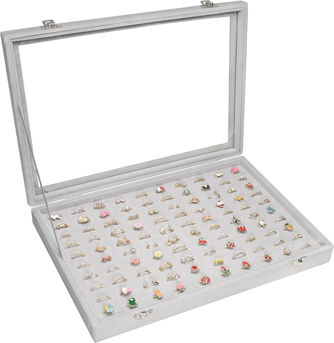 Rings Organizer Tray 100 Slot Velvet Ring Earring Storage Box TranSparent Cover Jewelry Store Ring Display Box Jewelry Display Cabinet for Girl Wife Mother