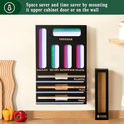 Calmbee 9-in-1 Bamboo Kitchen Organizer - Black & Multicolor Modern Minimalist Caddy with 3-in-1 Wrap Dispenser, Cutter & Bag Organizer