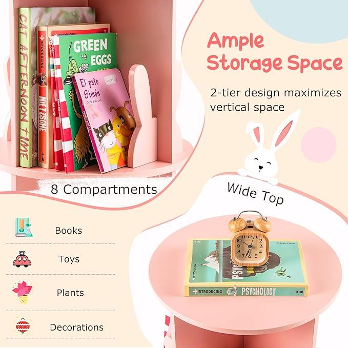 HONEY JOY Kids Rotating Bookshelf, Wooden Spinning Small Corner Organizer w/Baffles, 360°Display Standing Toddler Bookshelf, Narrow Storage Rack, Montessori Book Shelf for Nursery, Playroom (Pink)