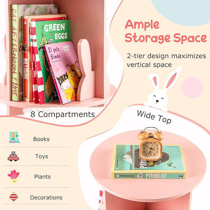 HONEY JOY Kids Rotating Bookshelf, Wooden Spinning Small Corner Organizer w/Baffles, 360°Display Standing Toddler Bookshelf, Narrow Storage Rack, Montessori Book Shelf for Nursery, Playroom (Pink)