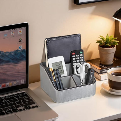 ACUDUDOMA PU Leather Remote Control Organizer Holder, 4-Compartment Small Desk Organizer, All-in-One Desk & Nightstand Caddy for Remotes, Phones, Glasses & Office Accessories