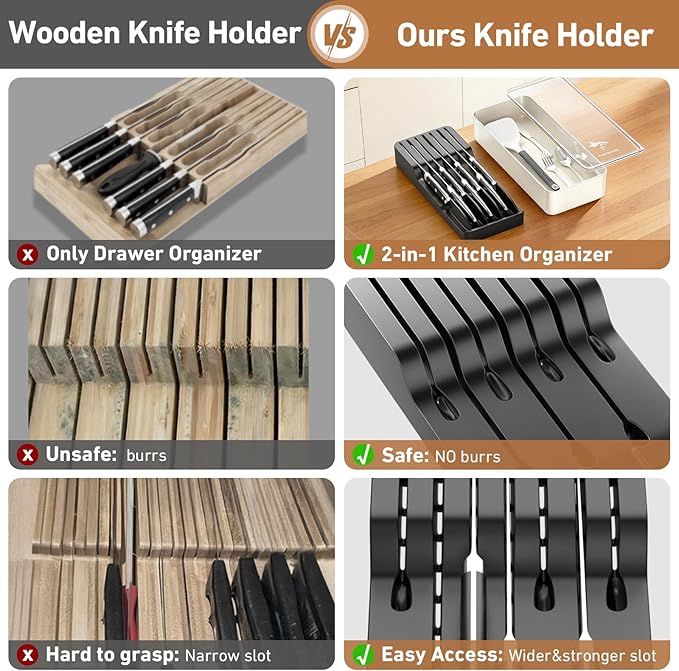 MAD SHARK 2-in-1 Detachable Knife Block & Silverware Organizer, Drawer Knife Holder for 7 Knives, BPA-Free, Blade-Safe Slots, Save Counter Space, Kitchen Drawer or Counter Storage, No Knives