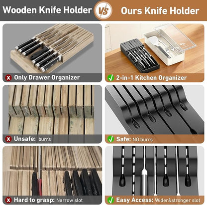 MAD SHARK 2-in-1 Detachable Knife Block & Silverware Organizer, Drawer Knife Holder for 7 Knives, BPA-Free, Blade-Safe Slots, Save Counter Space, Kitchen Drawer or Counter Storage, No Knives