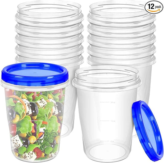ISUSSER 12 Pack Freezer Containers with Screw On Lids, 32 Oz Stackable Reusable Plastic Storage Container, Airtight Plastic Food Storage Containers with Twist Top Lids for Food Soup Jello Sauce