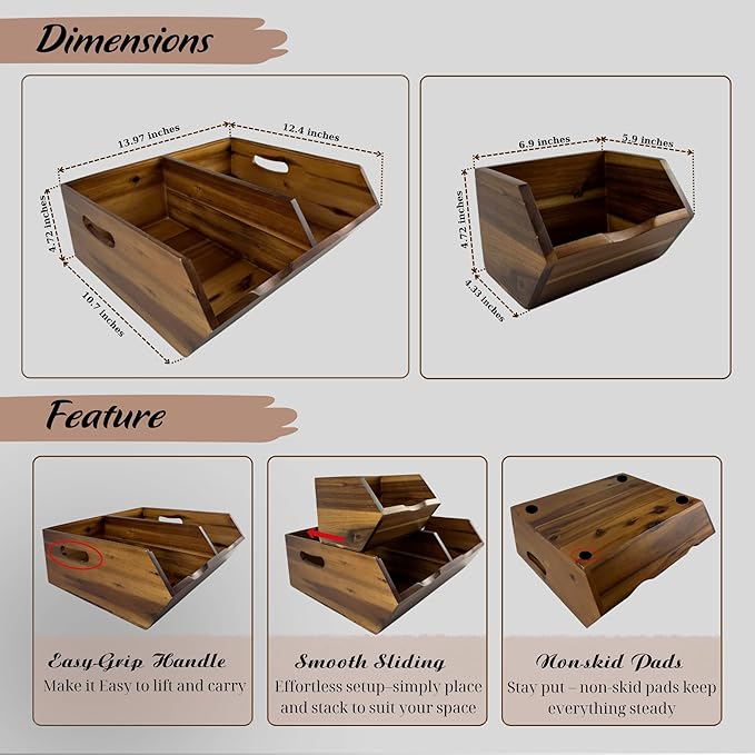 Acacia Wood Pantry Storage Bins, Stackable Storage Baskets Potato and Onion Storage Bins, Pantry Organizer Wooden Baskets Organization and Storage, Set 3 Pieces