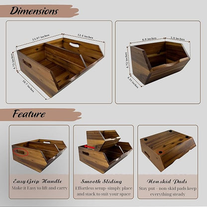 Acacia Wood Pantry Storage Bins, Stackable Storage Baskets Potato and Onion Storage Bins, Pantry Organizer Wooden Baskets Organization and Storage, Set 3 Pieces