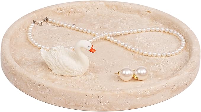 LWALMS Travertine Round Marble Tray - Stone Perfume Plate Decorative Bowl for Nightstand Entryway Coffee Table Decor, Jewelry Trinket Ring Key Purse Holder Dish (7.9 inch)