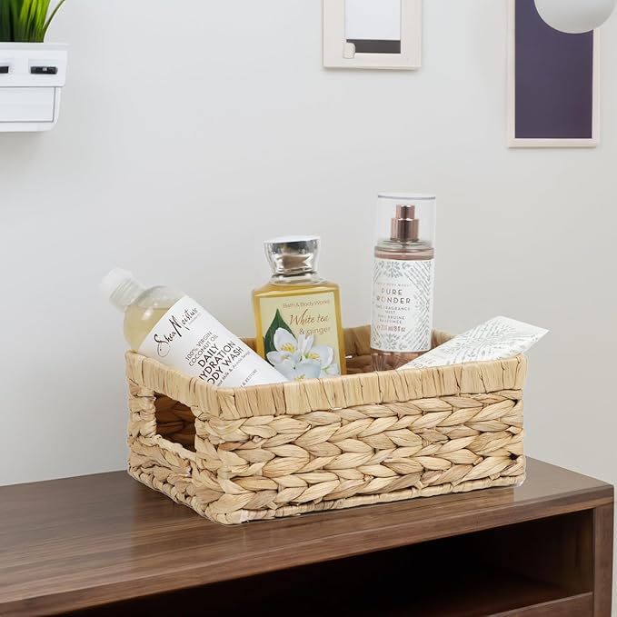 Wicker Baskets, Baskets for Organizing, Rattan Woven Basket for Storage, Organizer Bins with Built-in Handles, Storage Basket for Shelves (Water Hyacinth, Small)