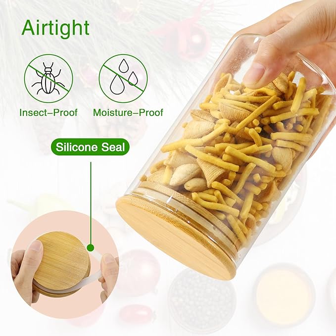 Glass Jars with Bamboo Lids 20 oz, 12 Pcs Stackable Kitchen Glass Pantry Storage Containers with Airtight Bamboo Lids for Rice, Candy, Sugar, Flour, Nuts, Cookie, Bean
