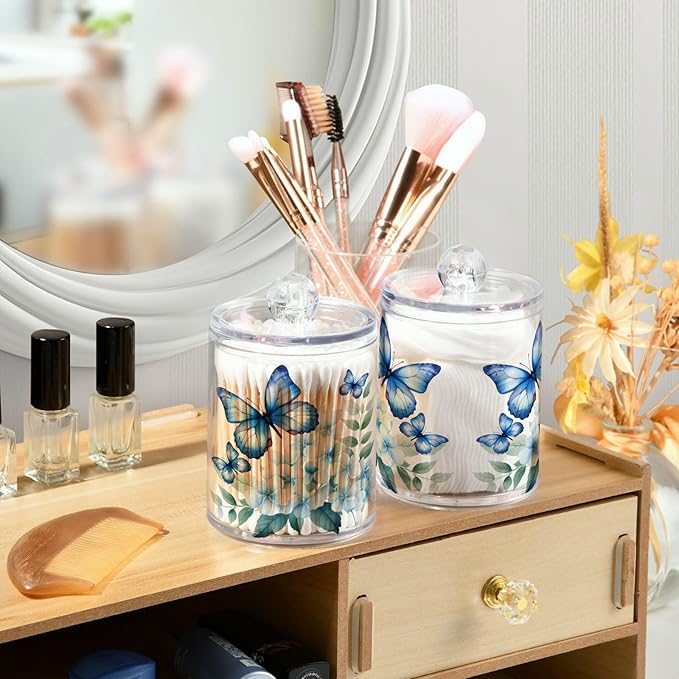 MNSRUU 4 Pack Qtip Holder Organizer Dispenser Flower Butterfly Pink Bathroom Storage Canister Cotton Ball Holder Bathroom Containers for Cotton Swabs/Pads/Floss