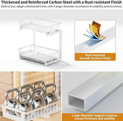 Under Sink Organizer 2 Pack, 2 Tier Adjustable Height Reinforced Carbon Steel Under Kitchen Bathroom Sink Storage Organizer, Smooth Pull-Out Under Sink Cabinet Rack Drawer Organizer, White
