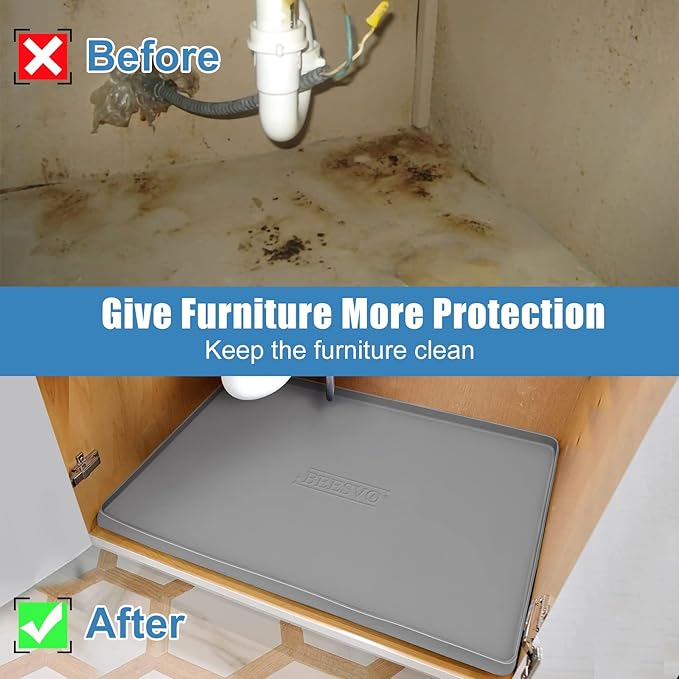 Under Sink Mats for Kitchen Waterproof, 28" x 22" Silicone Under Sink Liner Kitchen & Bathroom Cabinet Protector Mat, Heavy Duty Flexible Under Sink Drip Tray with Lip, Cool Grey