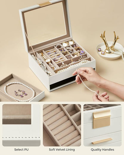 SONGMICS Jewelry Box Organizer with Glass Lid, 2-Layer Jewelry Storage, with 1 Drawer, Modern Style, 8 x 9.1 x 4.1 Inches, Cloud White and Gold Color UJBC174W01