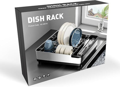 Ewaiira Dish Drying Rack, 304 Stainless Steel Dish Racks for Kitchen Counter, Dish Drainers with Automatic Drainage, Utensil Holder & Cups Holder, Space Saving Kitchen Organizer (1-Tier Silver)
