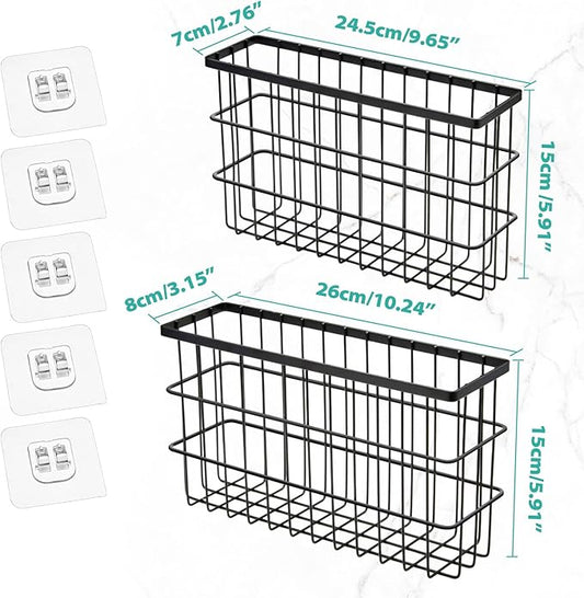 2 Pack Cabinet Door Organizer,Self Adhesive Lid Organizers Inside Cabinet Storage Boxes,Hanging Storage Basket Organizer Wall Mounted Pantry Caddy Cup Holder for Kitchen,Fridge,Bathroom (Black)