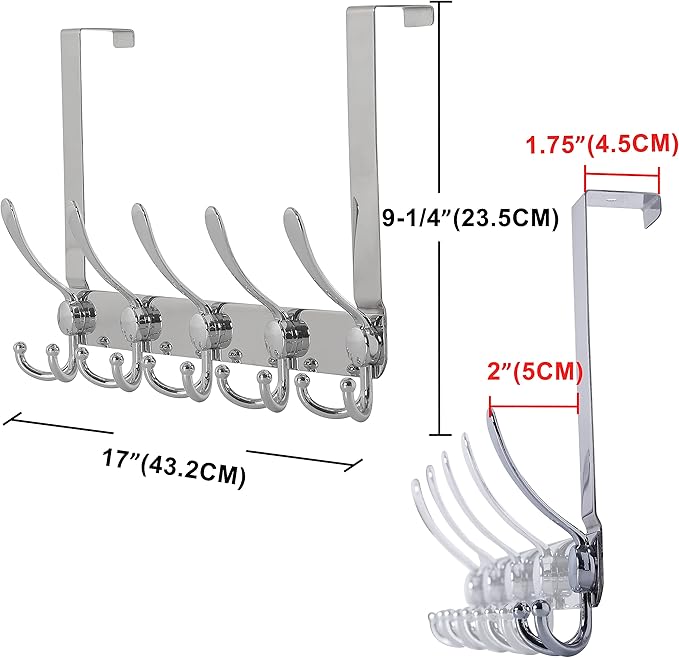 Dseap Over The Door Hook Hanger - Fits 1 3/8" to 1 3/4" Standard Doors | 5 Tri Hooks Heavy Duty Towel/Coat Rack | Door Organizer for Clothes, Jackets, Hats, Towels, Chromed, Pack of 2