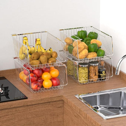 Wire Storage Baskets Stackable Organizer Basket Bins Stacking Household Wire Baskets with Handles Storage Organization for Kitchen, Pantry, Bathroom, Cabinets, Closets, Bedrooms, Set of 2