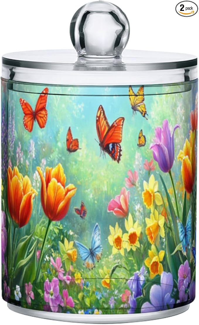 MNSRUU 2 Pack Qtip Holder Organizer Dispenser Easter Garden Tulips Daffodils Bathroom Storage Canister Cotton Ball Holder Bathroom Containers for Cotton Swabs/Pads/Floss