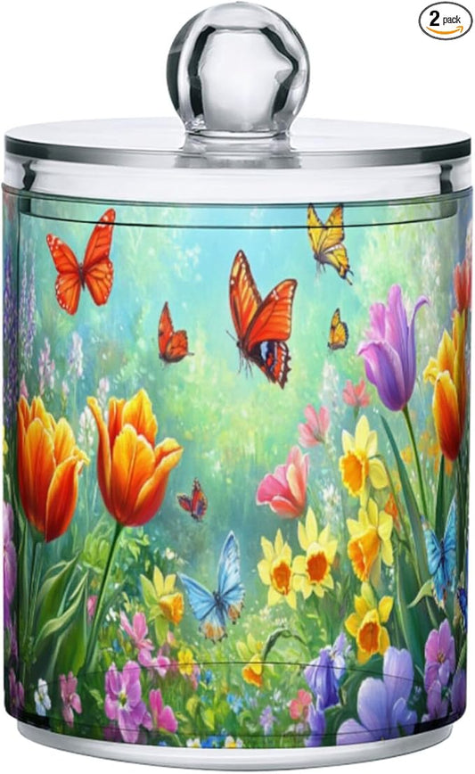 MNSRUU 2 Pack Qtip Holder Organizer Dispenser Easter Garden Tulips Daffodils Bathroom Storage Canister Cotton Ball Holder Bathroom Containers for Cotton Swabs/Pads/Floss