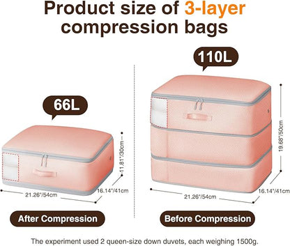 Homsorout 4 Pack Compression Storage Bags - 110L Large Capacity Comforter Storage Bag, 3-Layer Washable Ultra Space Saving Self Compression Organizer Space Bags for Blankets, Sweaters, Sheets, Pink