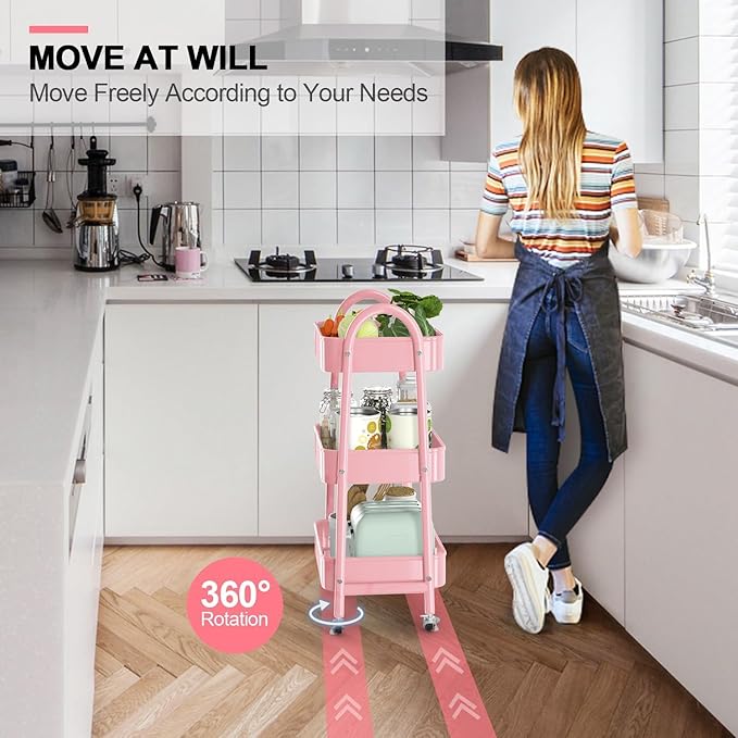 Utility Cart on Wheels, Metal Rolling Storage Cart Three Tier Small Cart with Lockable Wheels, Heavy Duty Kitchen Storage Cart with Handle, for Office, Living Room, Bathroom (Pink)