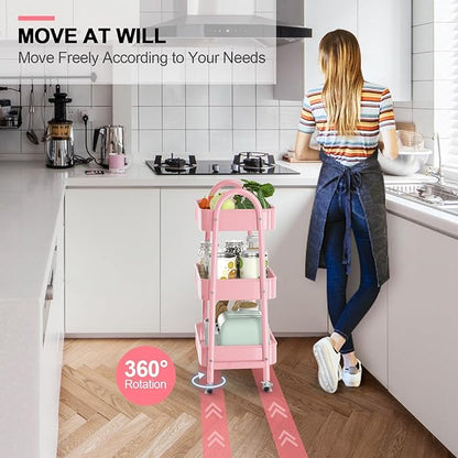 Utility Cart on Wheels, Metal Rolling Storage Cart Three Tier Small Cart with Lockable Wheels, Heavy Duty Kitchen Storage Cart with Handle, for Office, Living Room, Bathroom (Pink)