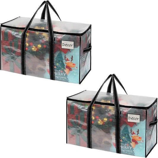 VENO 2 Pack Clear Moving Bags Christmas Storage Bags, Large Storage Bins with Lids, Heavy Duty Holiday Decor Organizers Moving Boxes Tote Packing Garland Ornament Supplies for College Dorm Clothes