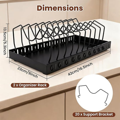 WODHMIEY 2 Pcs Pots and Pans Organizer Under Cabinet - Expandable Pull Out Cabinet Organizer for Pots and Pans, Pan and Lid Organizers Inside Cabinet, Adjustable Storage Rack (BLACK)