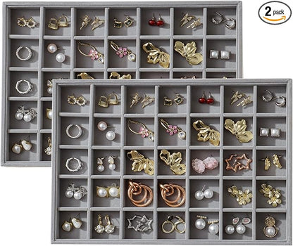 KATISYIO Large Velvet Jewelry Tray 2 Pack Stackable Jewelry Display Drawer Inserts Trays Organizer for Earring Bracelet Necklace Ring (Gray, 35 Grids)