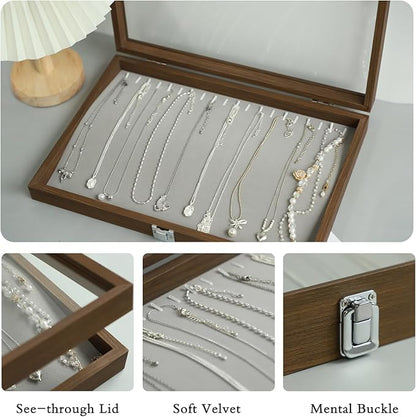 Stratalife Necklace Box Necklace Holder Organizer Wooden Jewelry Box Jewelry Storage Display for Vendors Organizer Tray with Clear Lid Vintage Style