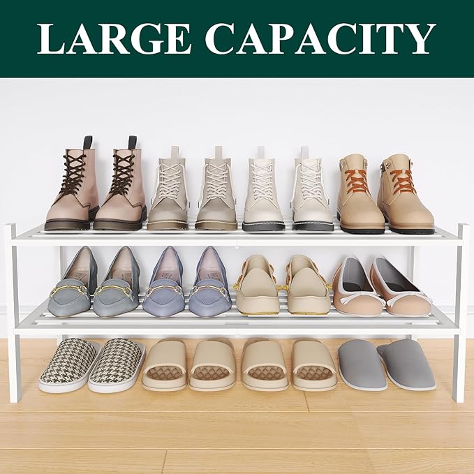 Smiry Long Bamboo Shoe Rack 2-Tier, Stackable Wooden Shoe Organizer for Entryway & Closet, Free Standing Wood Shoe Storage Shelf for Front Door & Small Spaces, White