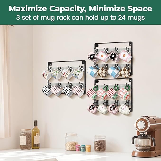 EsLuker.ly Mug Holder Hanger Rack Wall Mounted Wooden 3 Pack Coffee Cup Storage Organizer Display Shelf with 24 Removable Plastic Hooks, Ideal for Mug Collectors, Light Grey-Black