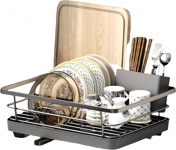 Kitchen Dish Drying Rack Self-Draining Adjustable 360° Rotating Drain Pipe Stainless Steel Large Capacity Tidy Countertop Easy Clean Home Kitchen Organization Family Use (Grey Chopstick Holder)