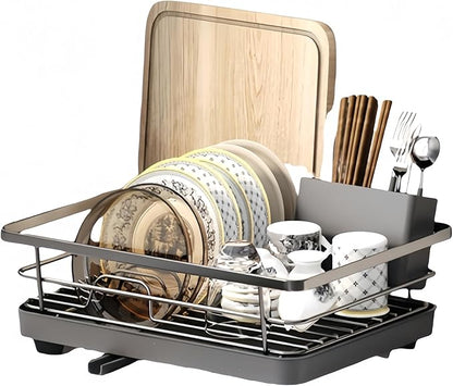 Kitchen Dish Drying Rack Self-Draining Adjustable 360° Rotating Drain Pipe Stainless Steel Large Capacity Tidy Countertop Easy Clean Home Kitchen Organization Family Use (Grey Chopstick Holder)