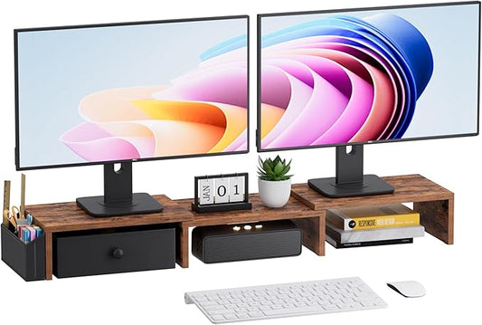 Dual Monitor Stand Riser, Adjustable Length & Swivel Angle Monitor Stand, Ergonomic Monitor Stand with Drawer & Side Pockets, Desktop Organizer and Office Desk Accessories, Rustic Brown