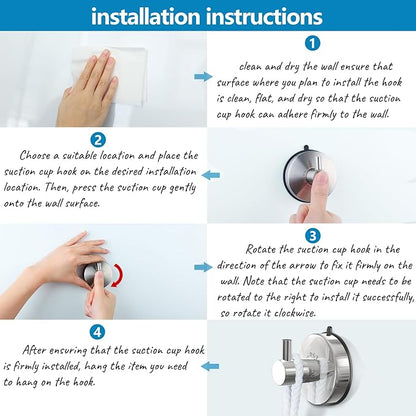 DGYB Suction Cup Hooks - 15LB Shower Hooks for Inside Shower, Stainless Steel No Drill Wall Hook Set of 2 Chrome Towel Hook for Bathrooms, Loofah, Robe
