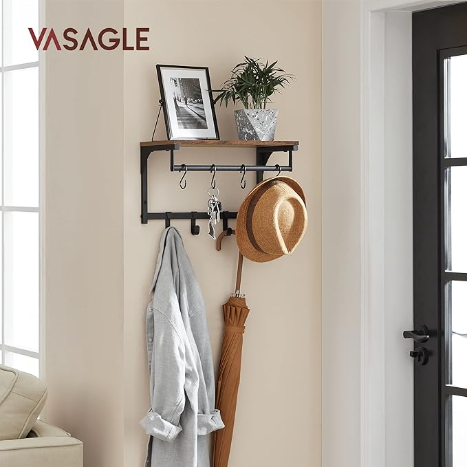 VASAGLE Laundry Room Shelf Wall Mounted, Coat Rack Shelf, with 8 Removable Hooks, for Entryway, Living Room, Kitchen, Bedroom, 15.7 x 9.4 x 9.4 Inches, Rustic Brown and Black ULCR103B01