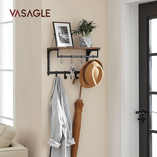 VASAGLE Laundry Room Shelf Wall Mounted, Coat Rack Shelf, with 8 Removable Hooks, for Entryway, Living Room, Kitchen, Bedroom, 15.7 x 9.4 x 9.4 Inches, Rustic Brown and Black ULCR103B01