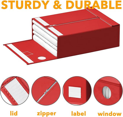 SpaceAid 12 Pack Bed Sheet Organizers and Storage, Foldable Organizer for Linen Closet, Set Folder Keeper With Window XL (Queen & King Size) Bedding Container (Red)